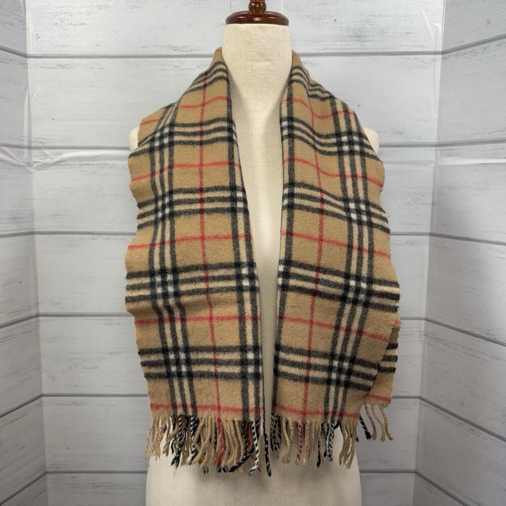 Burberry Classic Nova Plaid Scarf Unisex Fringe Cashmere Wool Beige England 44''